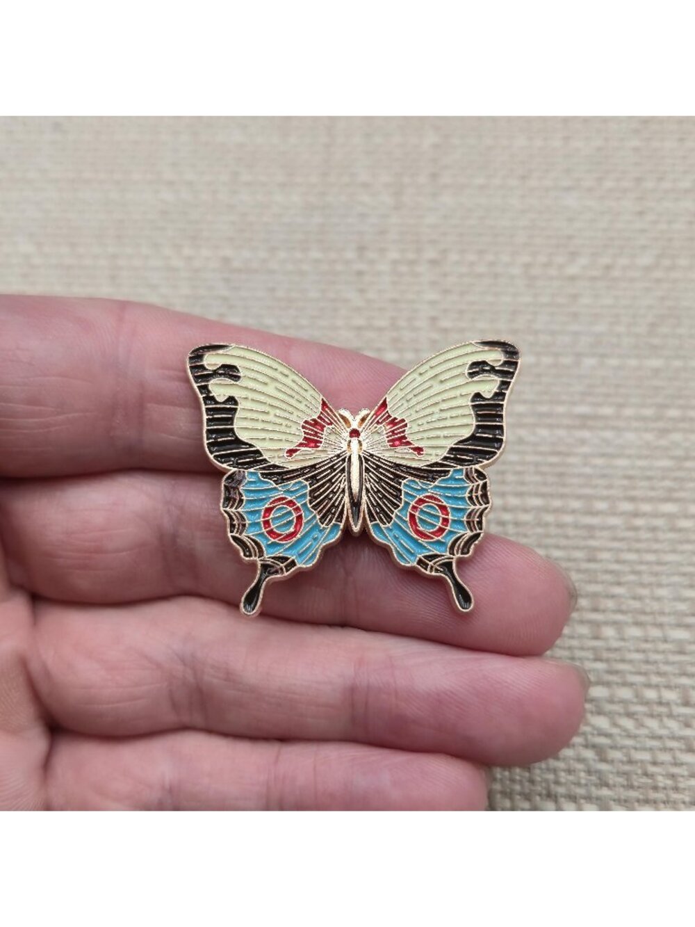 Vintage Butterfly Enamel Pin - Cream and Blue Insect Lapel Badge Brooch A8946
